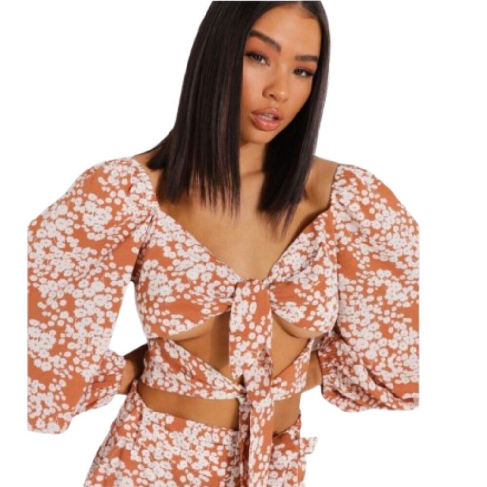 SABO Floral Double Tie Front Crop Top XS Brown White Smocked Puff Sleeve Boho